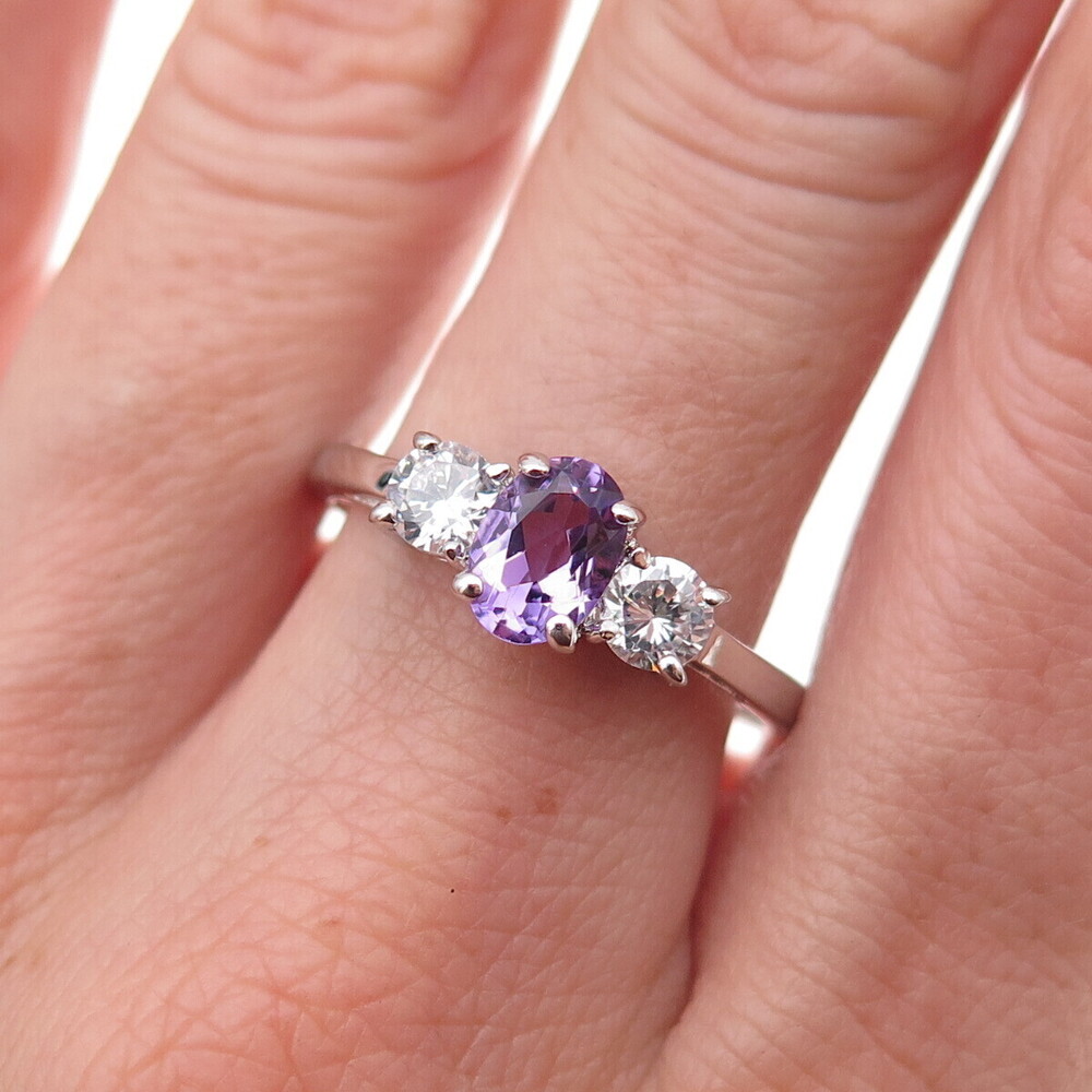 925 Sterling Silver Oval-Cut Purple & Round-Cut White C Z Ring Size 10